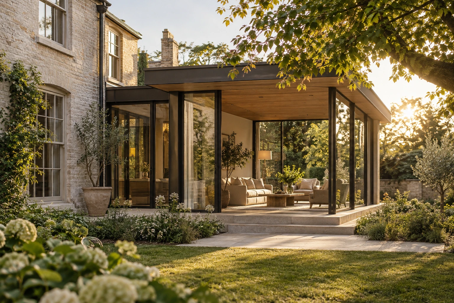 Original architectural concept of a glass garden-room addition joined to a traditional masonry home