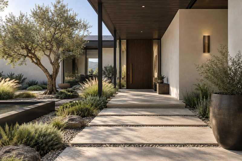 Original architectural concept of a sheltered oak entry gallery and planted limestone approach to a plaster courtyard home