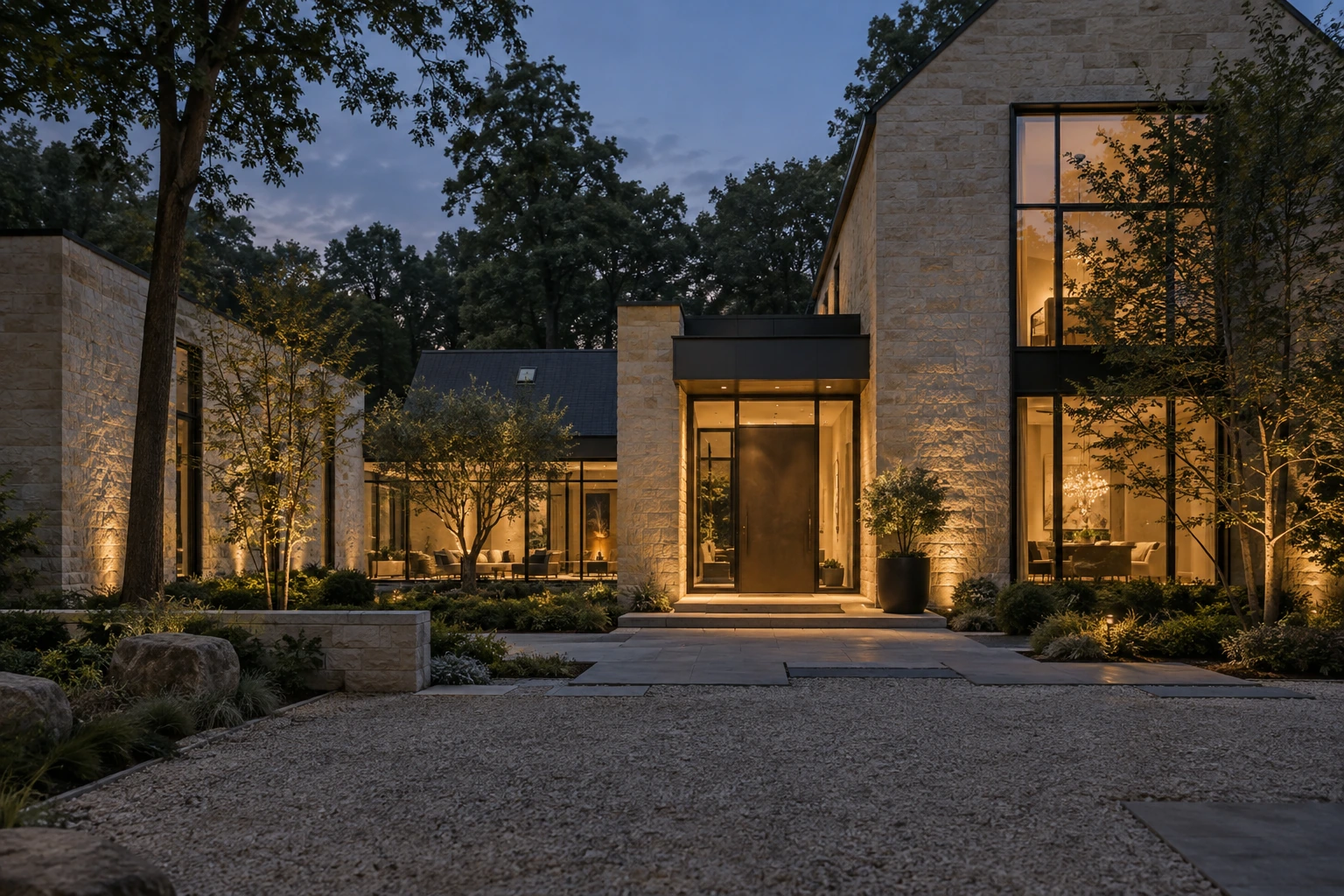 Original architectural concept of a limestone residence with charcoal windows and a bronze entry at dusk
