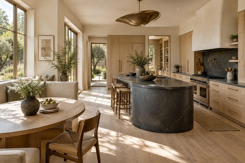 Original architectural concept of a bright oak kitchen with a rounded soapstone island and a garden-facing dining nook