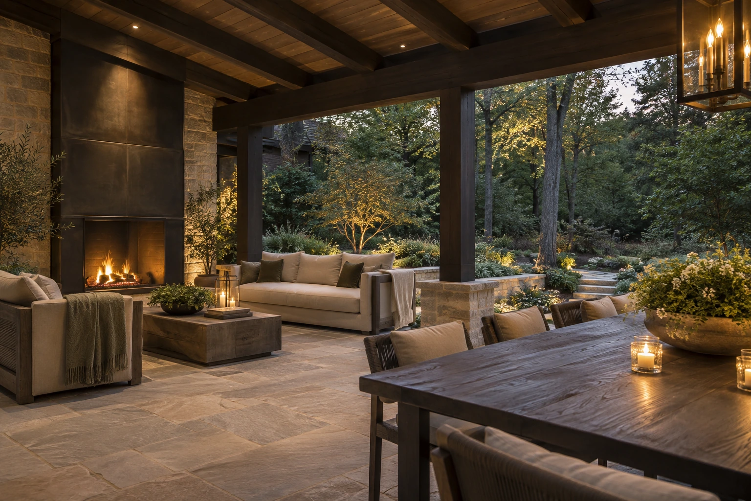 Original architectural concept of a covered limestone terrace with dark timber and linen seating