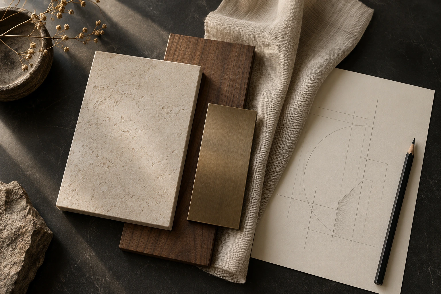 Original materials study with limestone, walnut, linen and bronze samples on a charcoal table