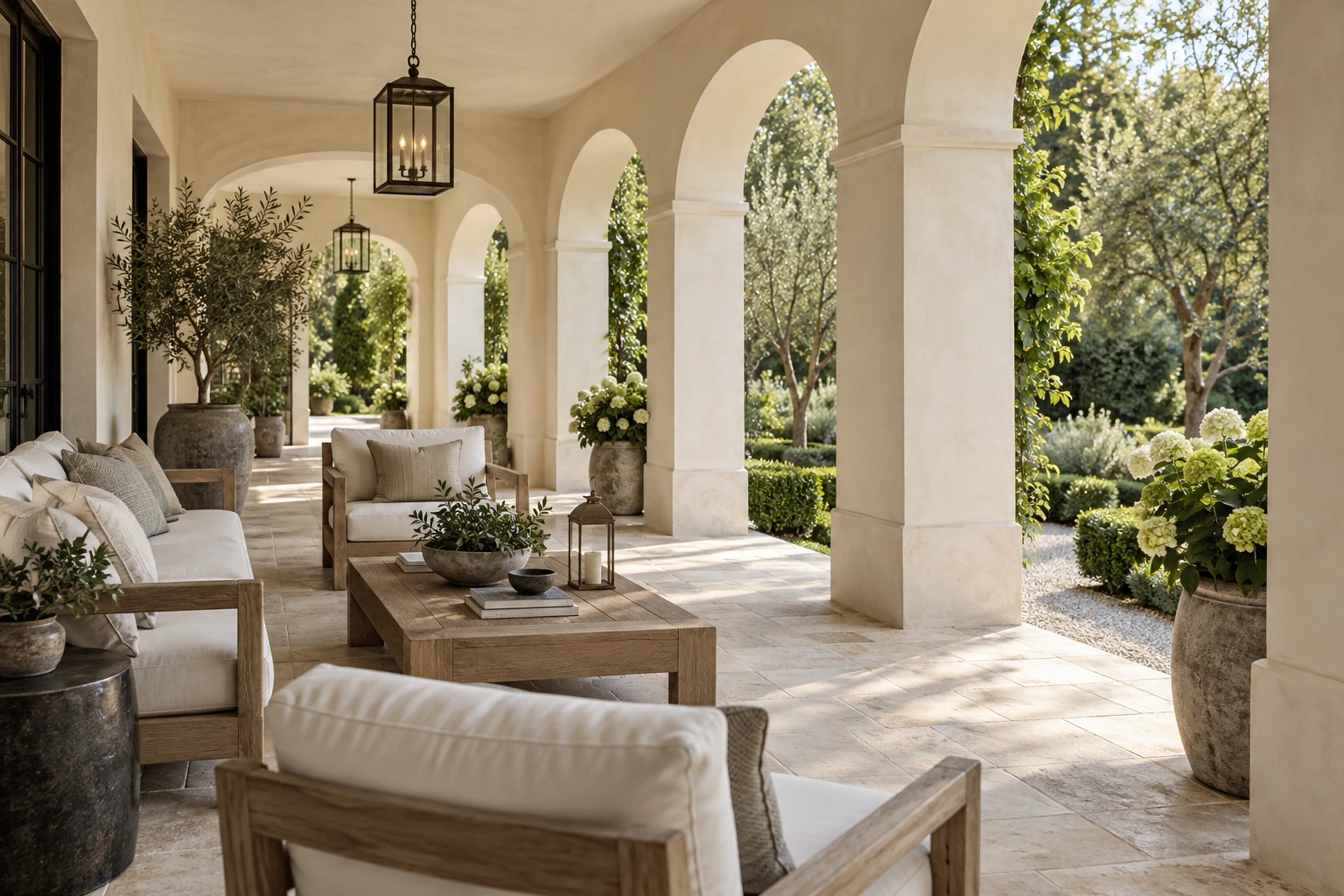 Original architectural concept of a pale plaster garden loggia with limestone paving, oak seating and a sunlit garden