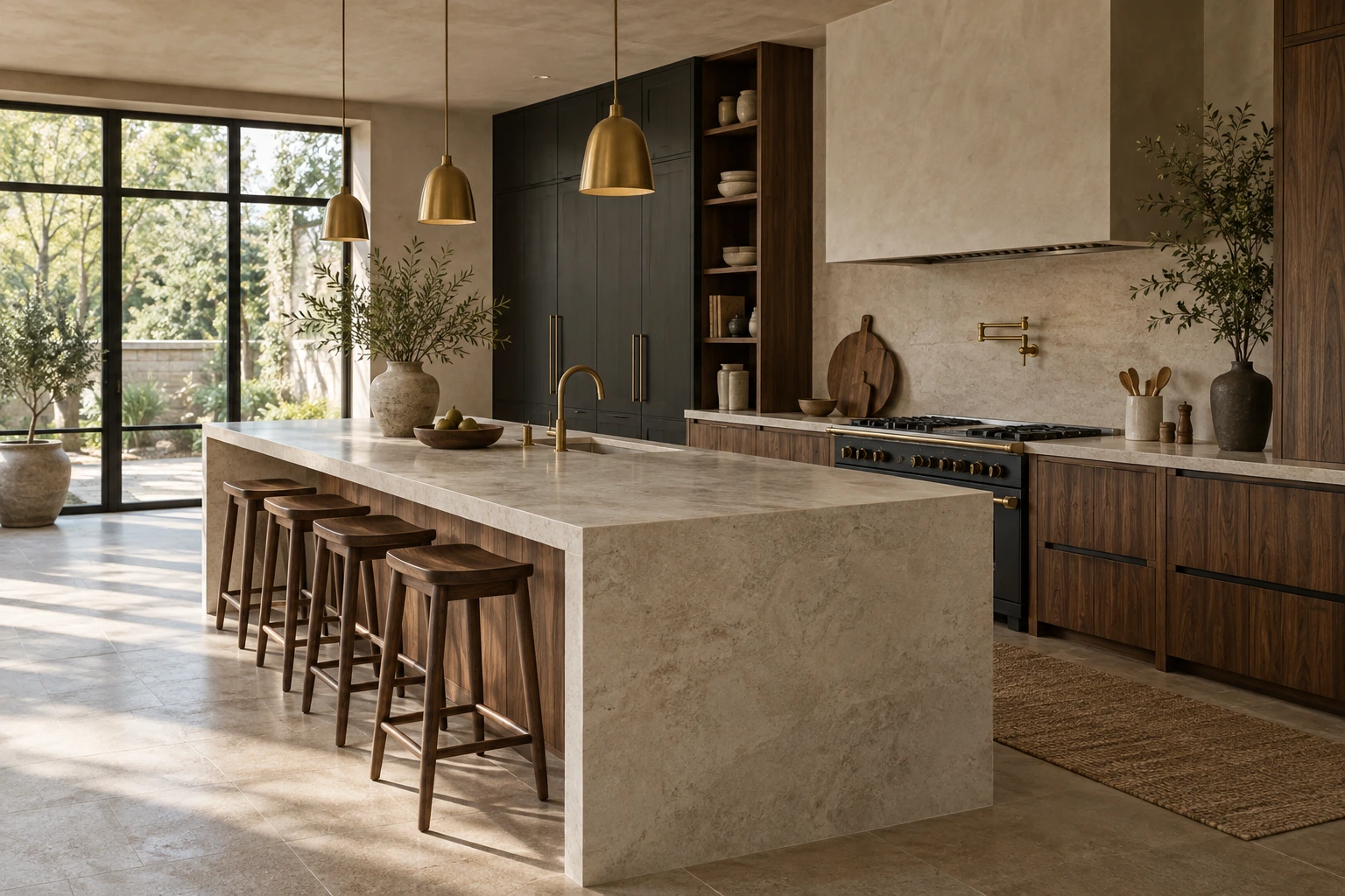 Original architectural concept of a walnut and limestone kitchen with charcoal cabinetry and brass fittings