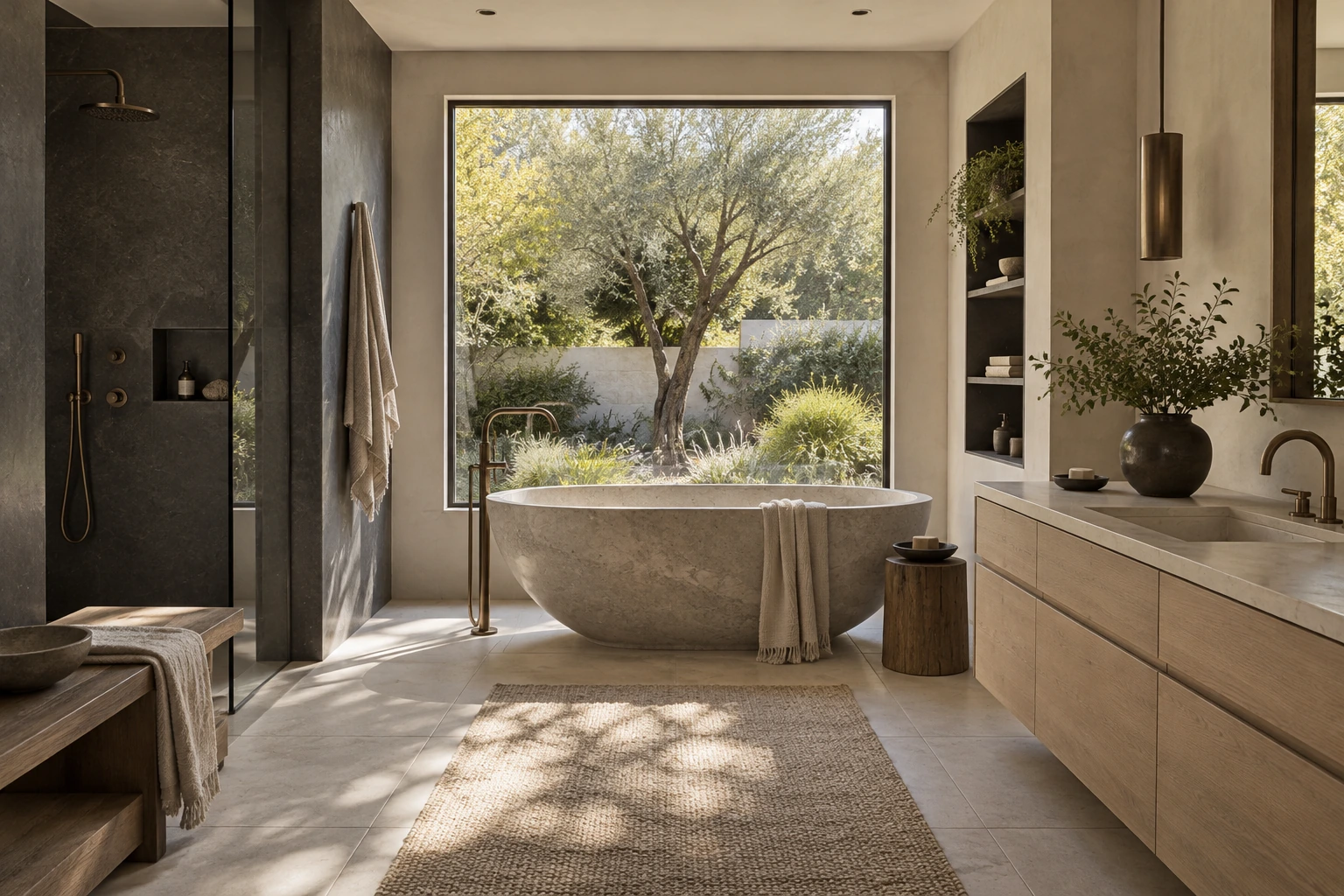 Original architectural concept of a serene bathroom with a sculptural stone tub, bronze fittings, silk-toned vanity and framed garden window