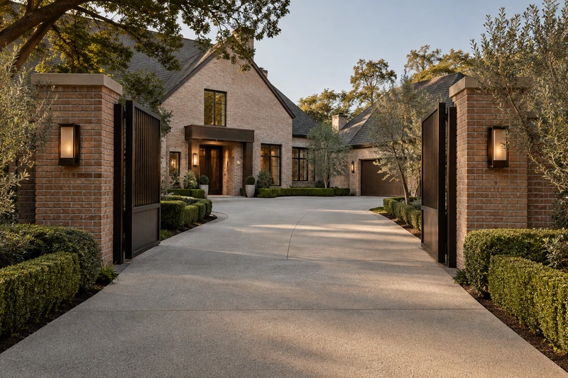 Original architectural concept of A sweeping refined concrete driveway, a warm brick residence, simple clipped hedges and a dark bronze gate, clearly composed as an arrival sequence