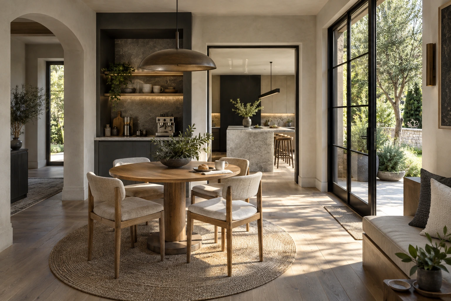 Original architectural concept of a luminous breakfast room with a round oak table, charcoal coffee alcove and clear routes to the kitchen and garden