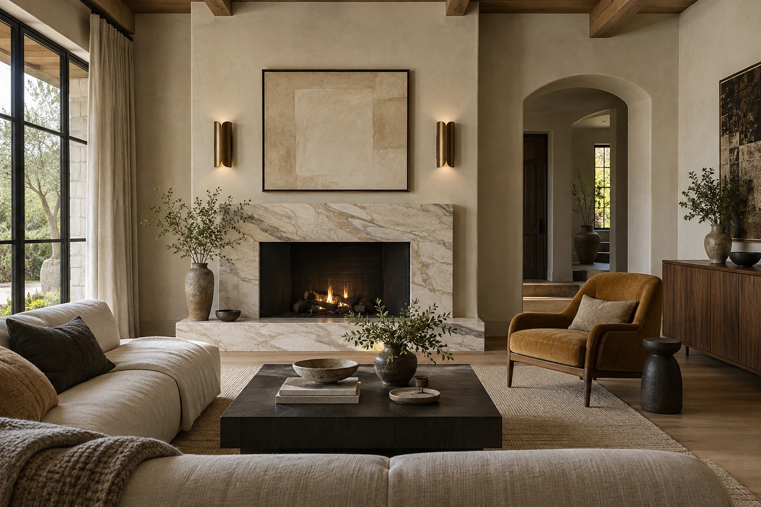 Original architectural concept of a living room with a veined ivory stone fireplace, bronze sconces, walnut sideboard and ochre chair