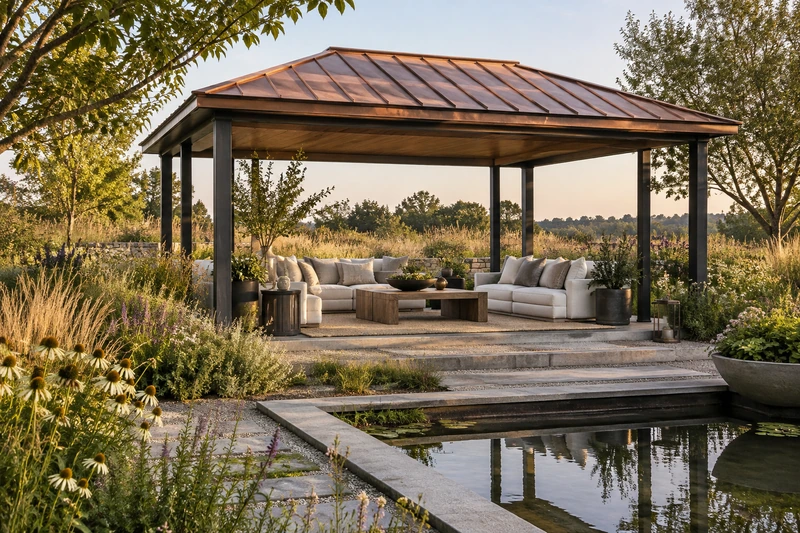 Original architectural concept of A freestanding garden pavilion with a modest copper-toned roof, slender charcoal supports and tailored linen seating in a meadow garden, structurally plausible