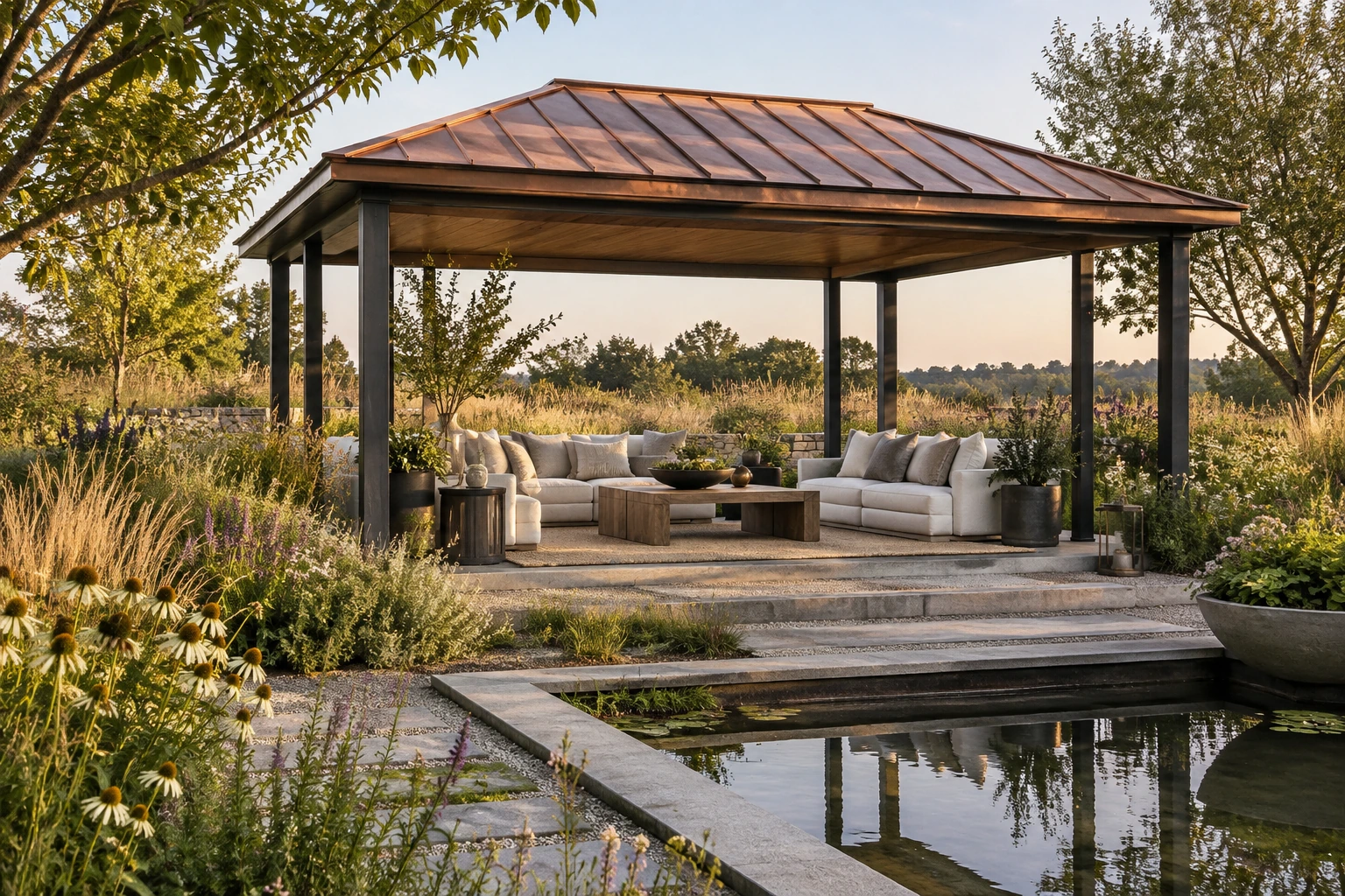 Original architectural concept of A freestanding garden pavilion with a modest copper-toned roof, slender charcoal supports and tailored linen seating in a meadow garden, structurally plausible