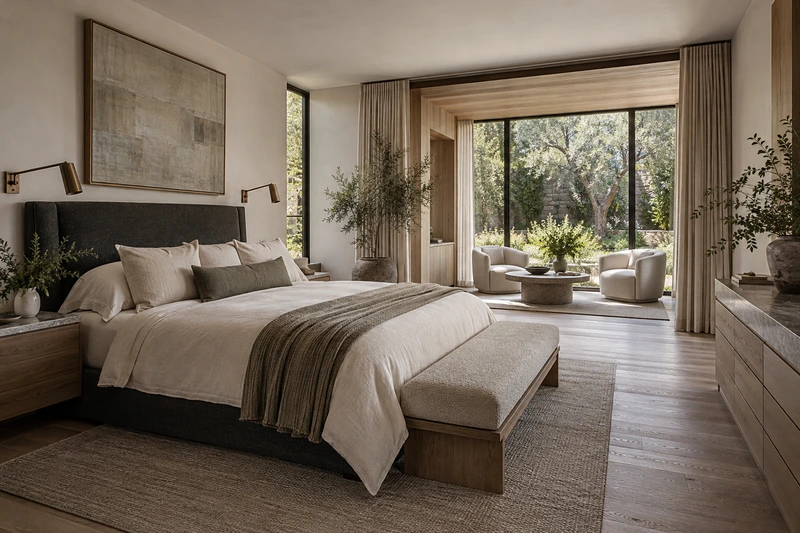 Original architectural concept of an intimate owner's bedroom with ivory linen bedding, charcoal headboard, bronze reading lights and a private garden sitting alcove