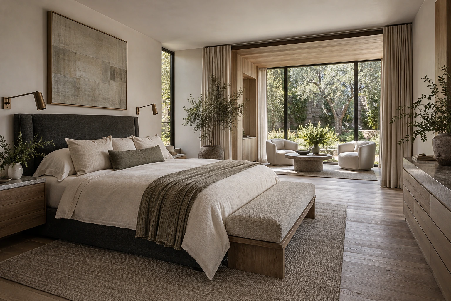 Original architectural concept of an intimate owner's bedroom with ivory linen bedding, charcoal headboard, bronze reading lights and a private garden sitting alcove