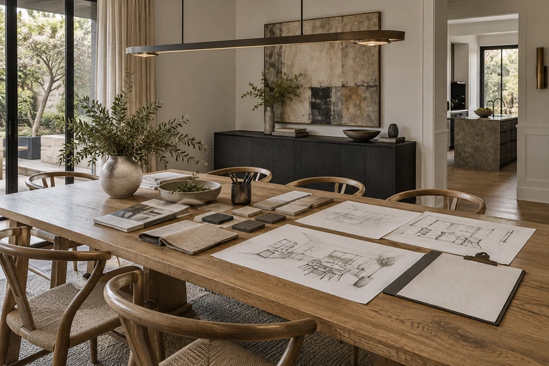 Original architectural concept of a renovation planning workspace in an oak-furnished dining room with abstract room sketches, material swatches and a clipboard