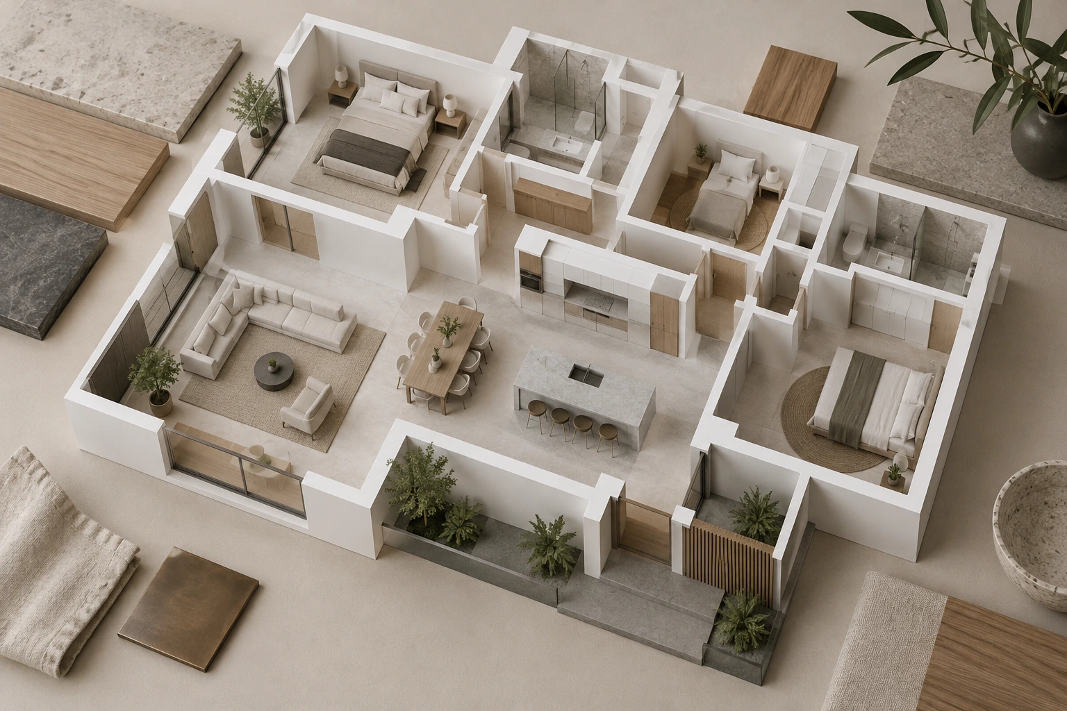 Original architectural concept of a white room-by-room house model with distinct furnished rooms and timber and stone samples on a silk-colored studio surface