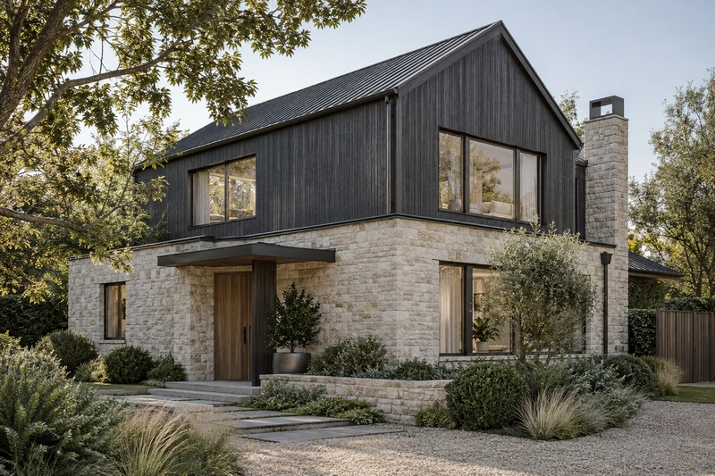 Original architectural concept of a restrained dark-timber gabled second story over a masonry home with proportionate windows and a planted approach