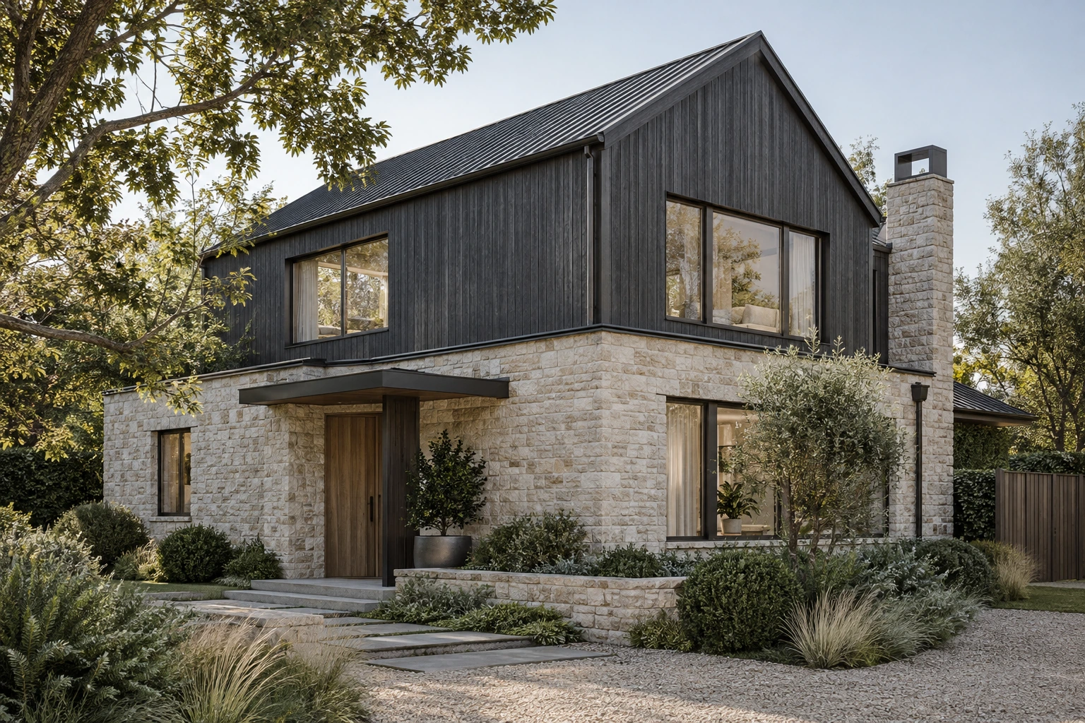 Original architectural concept of a restrained dark-timber gabled second story over a masonry home with proportionate windows and a planted approach