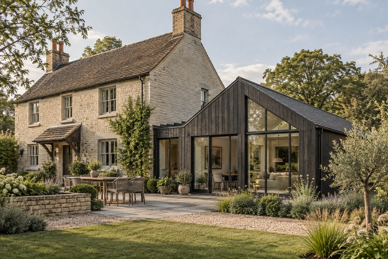 Original architectural concept of a low dark-timber gabled side addition connected to a traditional pale-masonry cottage with generous garden windows