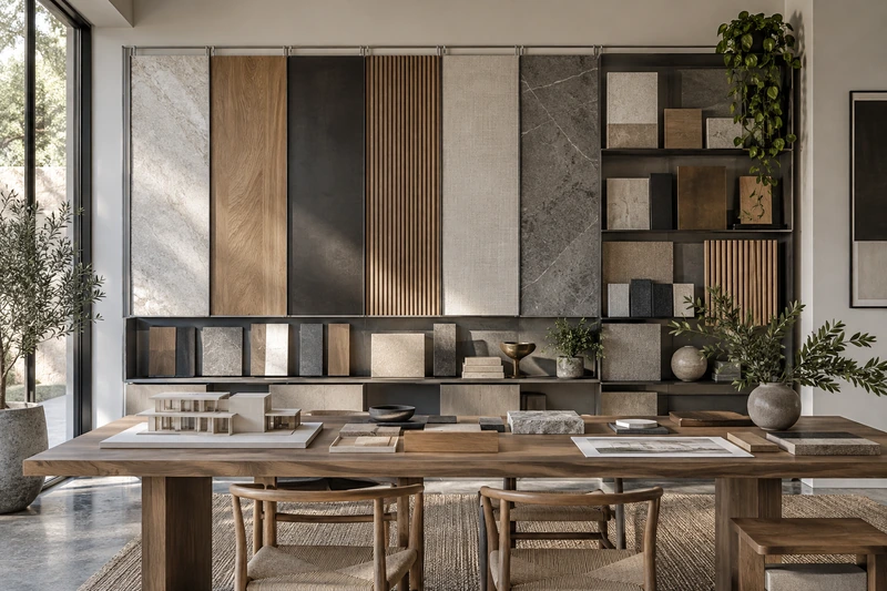 Original architectural concept of a curated vertical material display with pale stone, charcoal metal, warm timber and linen in a quiet design studio