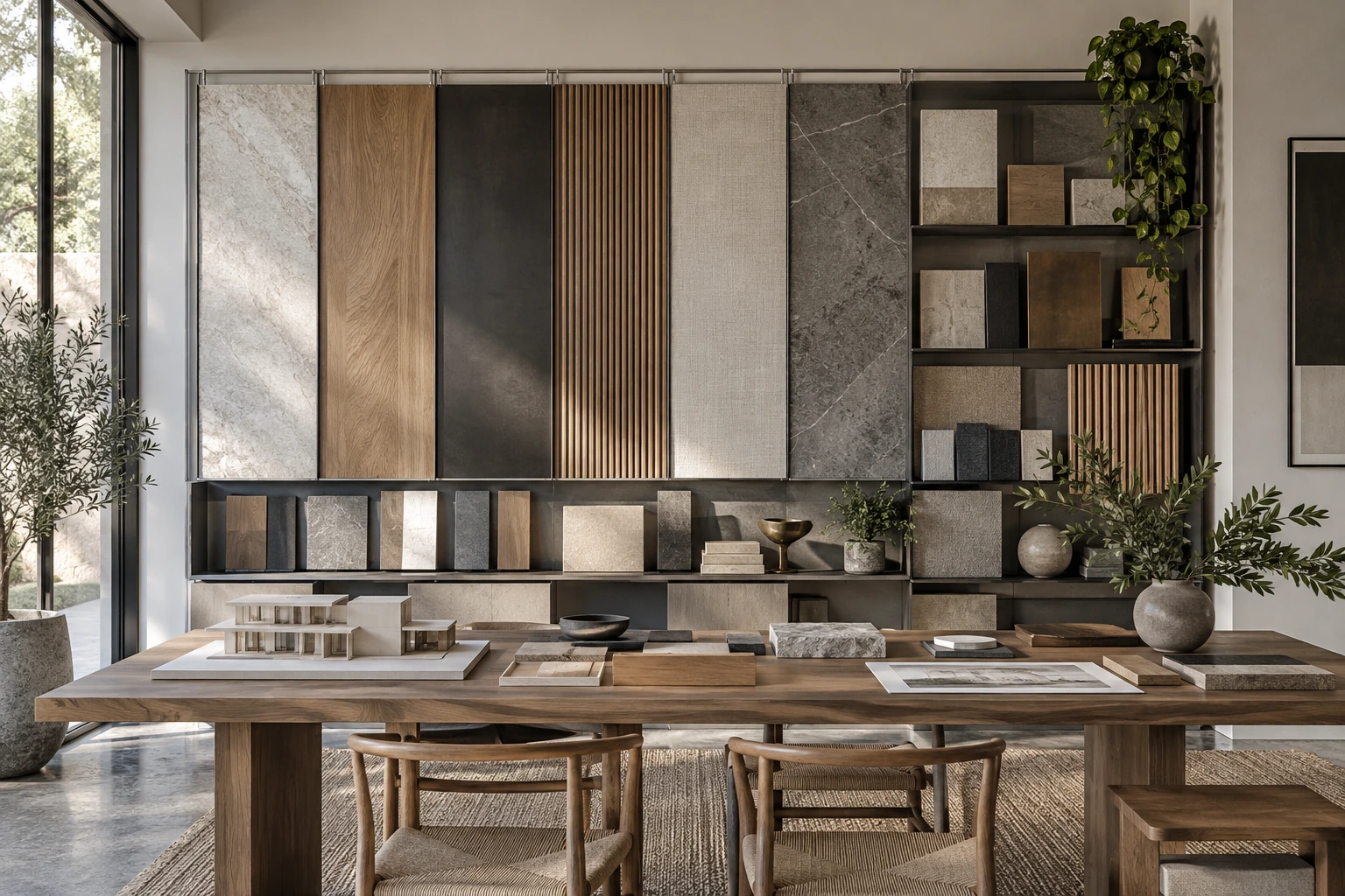 Original architectural concept of a curated vertical material display with pale stone, charcoal metal, warm timber and linen in a quiet design studio