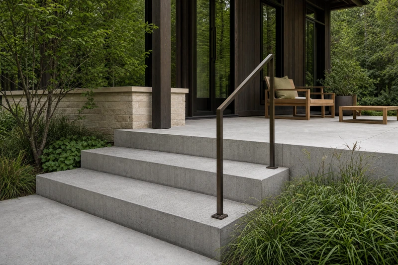 AI-generated architectural concept of broom-textured cast-concrete steps and a small terrace beside a dark-timber home, with a slim bronze handrail and soft garden planting.