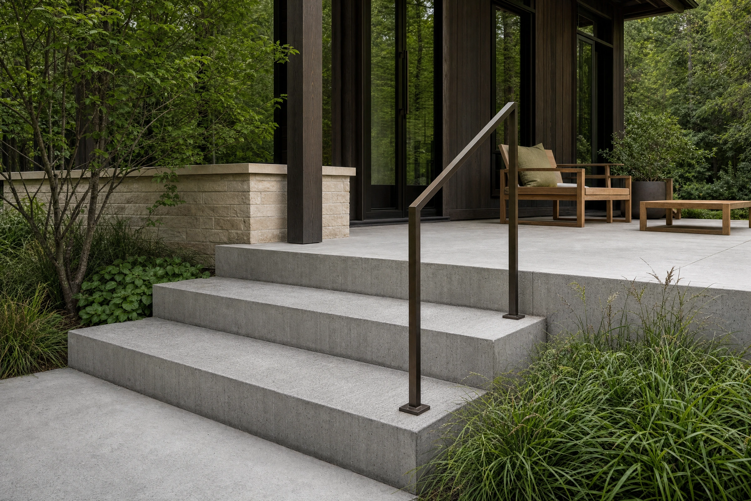 AI-generated architectural concept of broom-textured cast-concrete steps and a small terrace beside a dark-timber home, with a slim bronze handrail and soft garden planting.