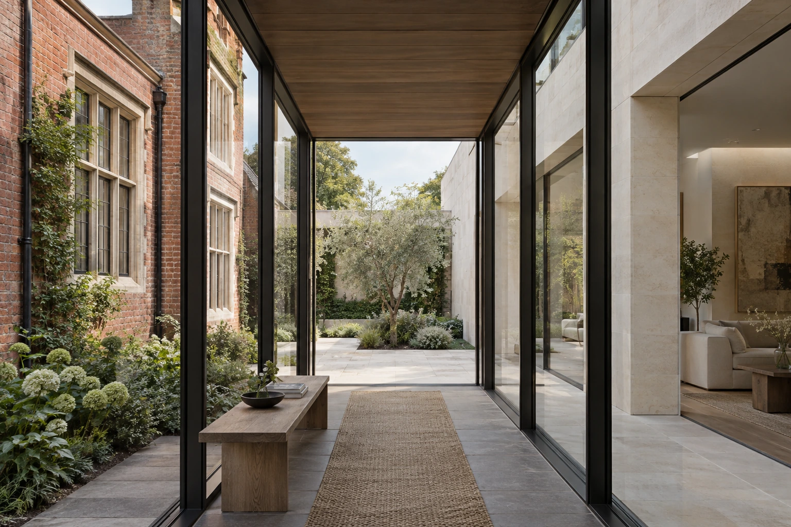 Original architectural concept of a transparent glass link between an old red-brick wing and a contemporary limestone room facing a small courtyard