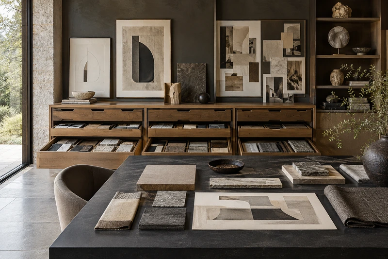Original architectural concept of A refined inspiration library with timber storage drawers for stone and textile samples, original abstract architectural reference sheets and collected ceramic objects, no readable labels