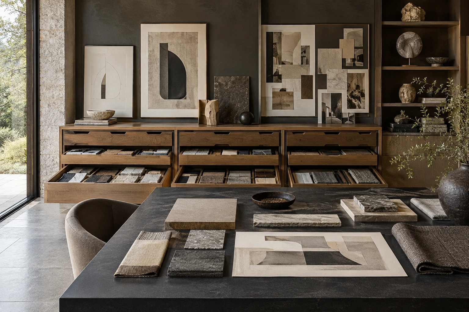 Original architectural concept of A refined inspiration library with timber storage drawers for stone and textile samples, original abstract architectural reference sheets and collected ceramic objects, no readable labels