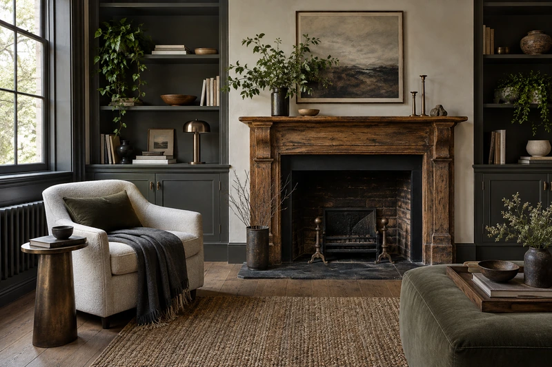 Original architectural concept of An original old timber fireplace mantel thoughtfully retained within a fresh plastered reading room, a contemporary chair and carefully restored joinery showing old and new together