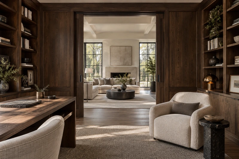 Original architectural concept of a walnut-lined private library opening through pocket doors into a luminous shared sitting room