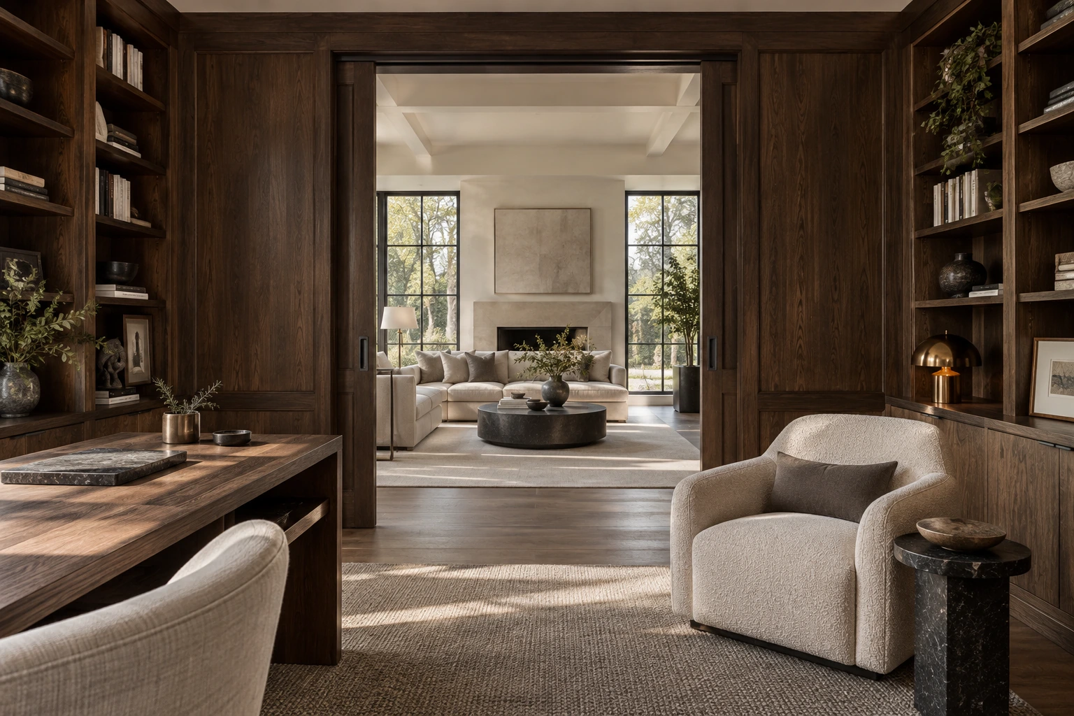 Original architectural concept of a walnut-lined private library opening through pocket doors into a luminous shared sitting room