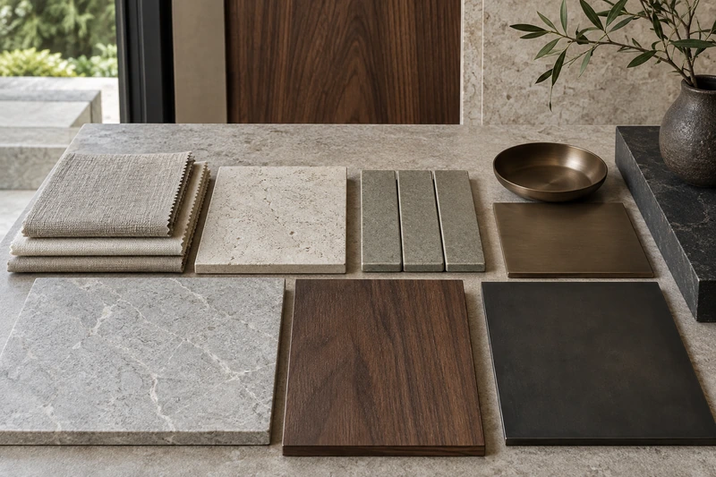 Original architectural concept of An ordered low-angle materials still life: several distinct honed-stone, tile, walnut, charcoal-metal, bronze and linen swatches arranged in a clear precise grid, every surface in focus