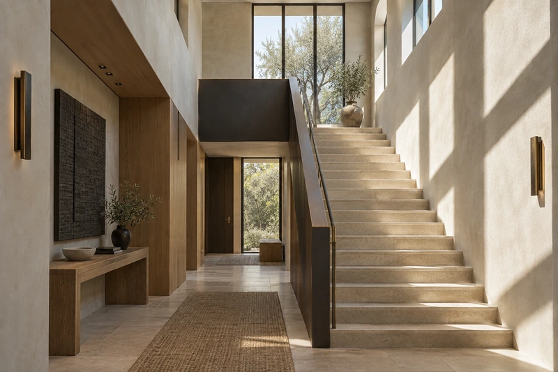 Original architectural concept of a straight limestone stairwell with clerestory windows casting crisp daylight bands on limewashed walls
