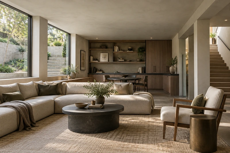 Original architectural concept of a lower-level lounge with generous daylight windows, limewashed walls, tailored storage and linen seating