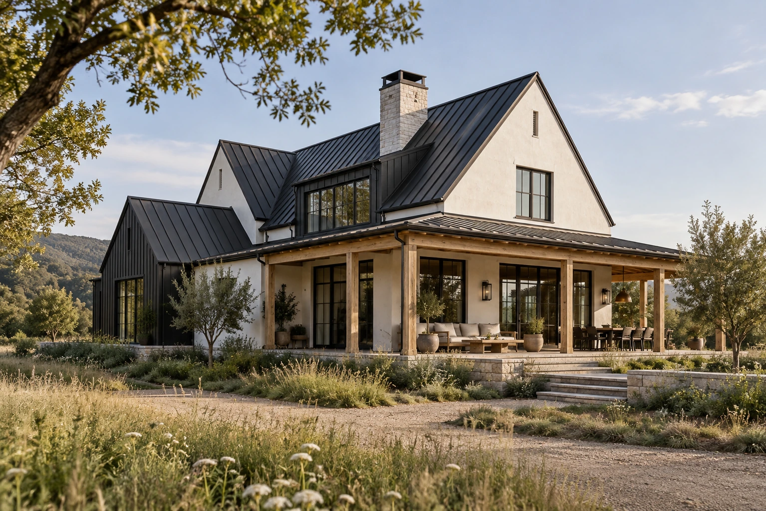 Original architectural concept of a white and charcoal gabled modern farmhouse with a standing-seam roof and oak porch in a meadow