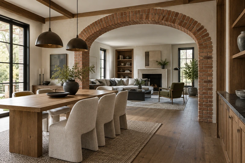Original architectural concept of a preserved red-brick arch joining renovated dining and living rooms with restored oak details
