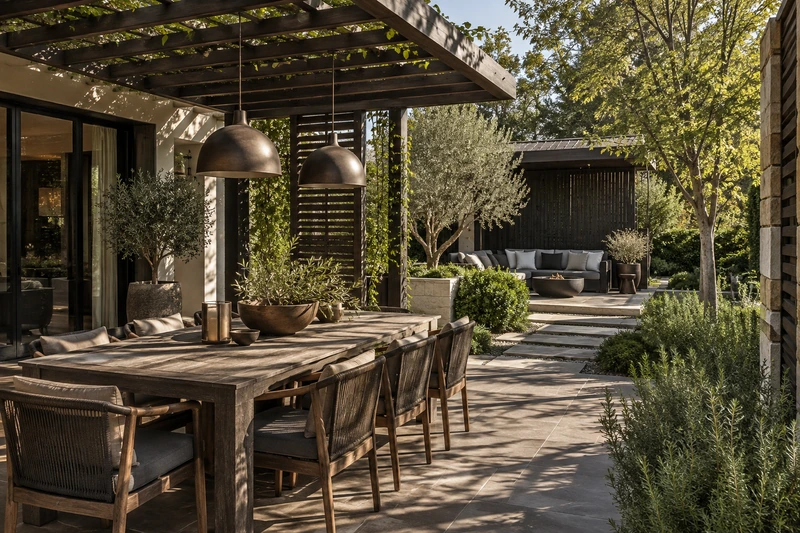 Original architectural concept of A sequence of outdoor rooms, a dark-timber lattice pergola over dining seating linked to a separate garden lounge and simple planted paths in clear afternoon light