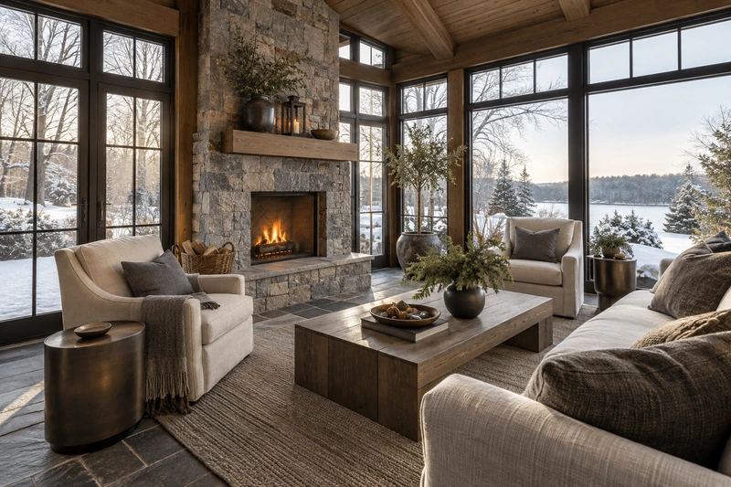 Original architectural concept of A warm garden-facing sunroom overlooking a quiet winter landscape with a little snow, a small stone fireplace and comfortable linen seating, an all-season residential room