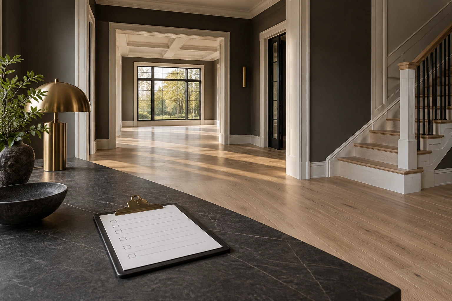Original architectural concept of A completed, unfurnished refined interior with clean oak flooring, detailed baseboards and a small clipboard holding a blank abstract checklist, ready for a careful project walkthrough