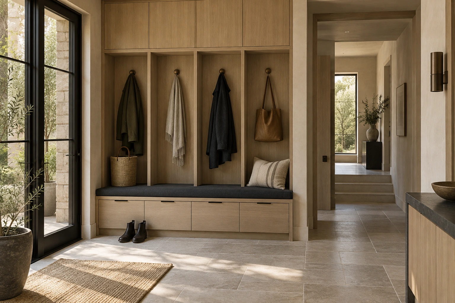 Original architectural concept of a daylight-filled mudroom with pale oak cubbies, restrained coat hooks, a charcoal bench and limestone floor