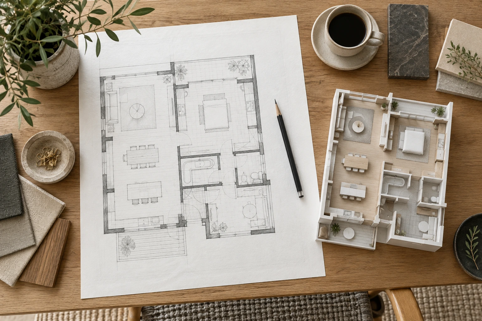 Original architectural concept of an overhead planning desk with a room-layout sketch, graphite pencil, floor-plan model and ceramic coffee cup