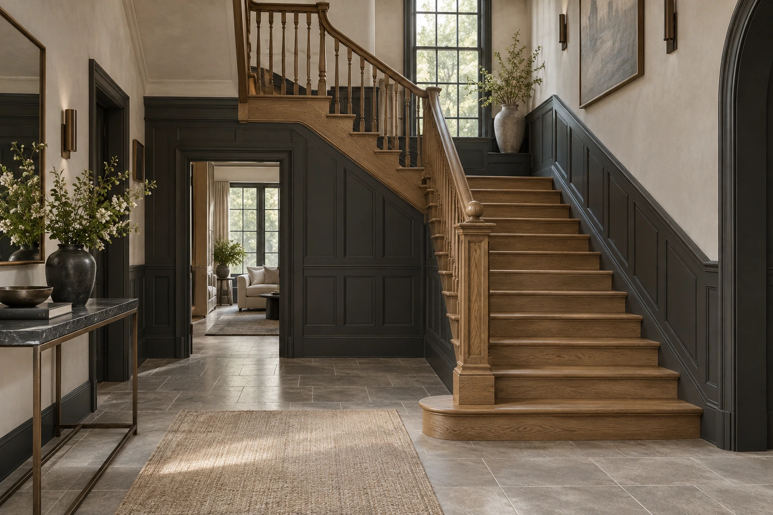 Original architectural concept of a preserved historic oak staircase and carved handrail in a charcoal-paneled entrance with soft daylight