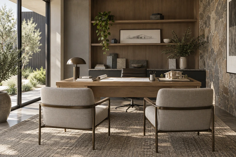 Original architectural concept of a welcoming design studio with two linen chairs facing an oak desk, rolled plans and a small house model