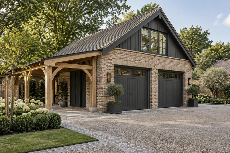 Original architectural concept of a detached brick-and-dark-oak coach-house garage with two charcoal doors, a timber canopy and a stone-edged driveway