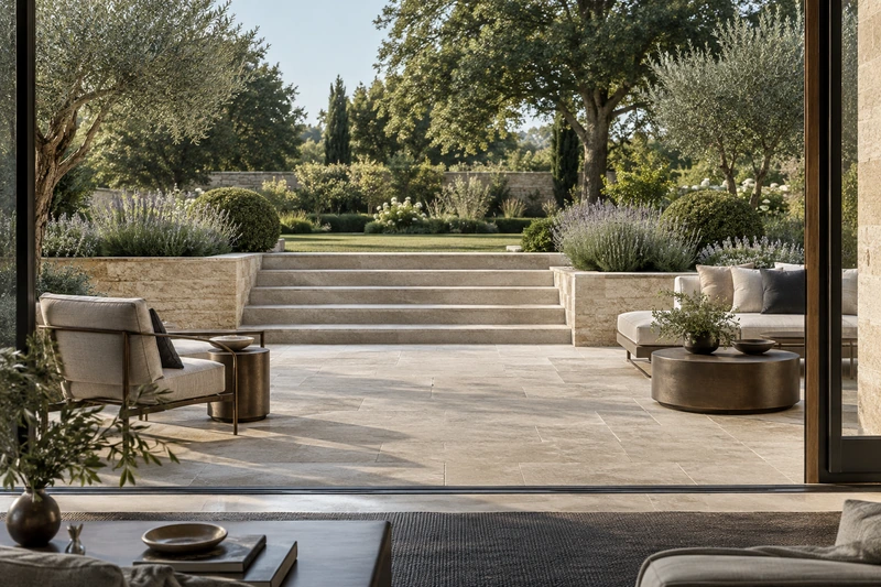Original architectural concept of A limestone terrace with generous shallow garden steps, low lavender planting and restrained bronze-and-linen seating, a graceful view from the house into a garden