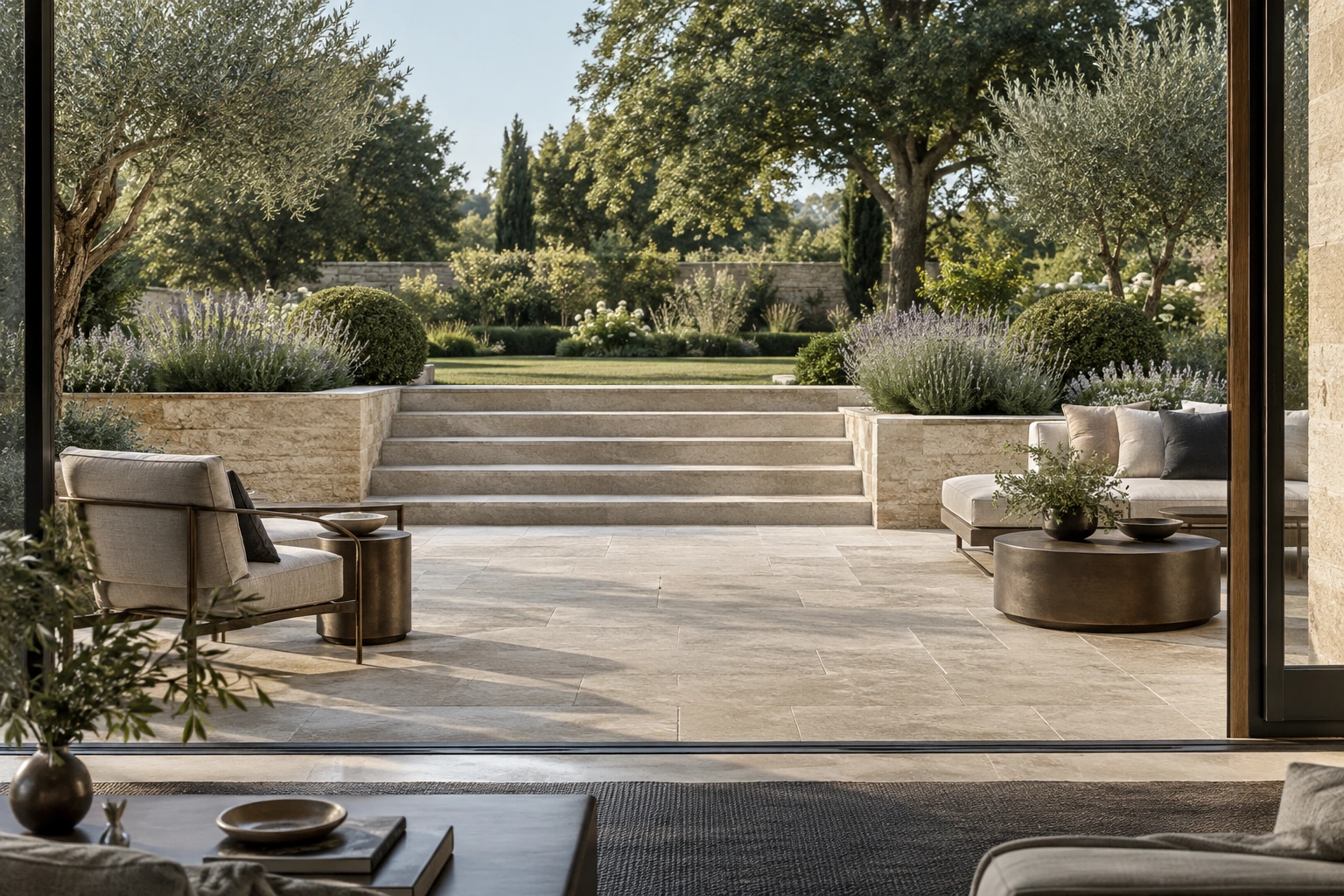 Original architectural concept of A limestone terrace with generous shallow garden steps, low lavender planting and restrained bronze-and-linen seating, a graceful view from the house into a garden