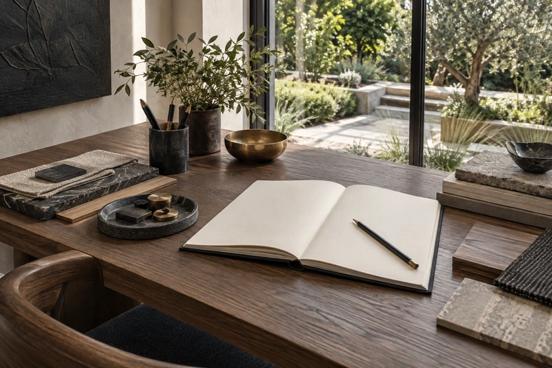 Original architectural concept of A calm project-priority desk near a garden window, a blank ivory notebook, graphite pencil, small brass and charcoal planning tokens and a restrained material selection, no readable text