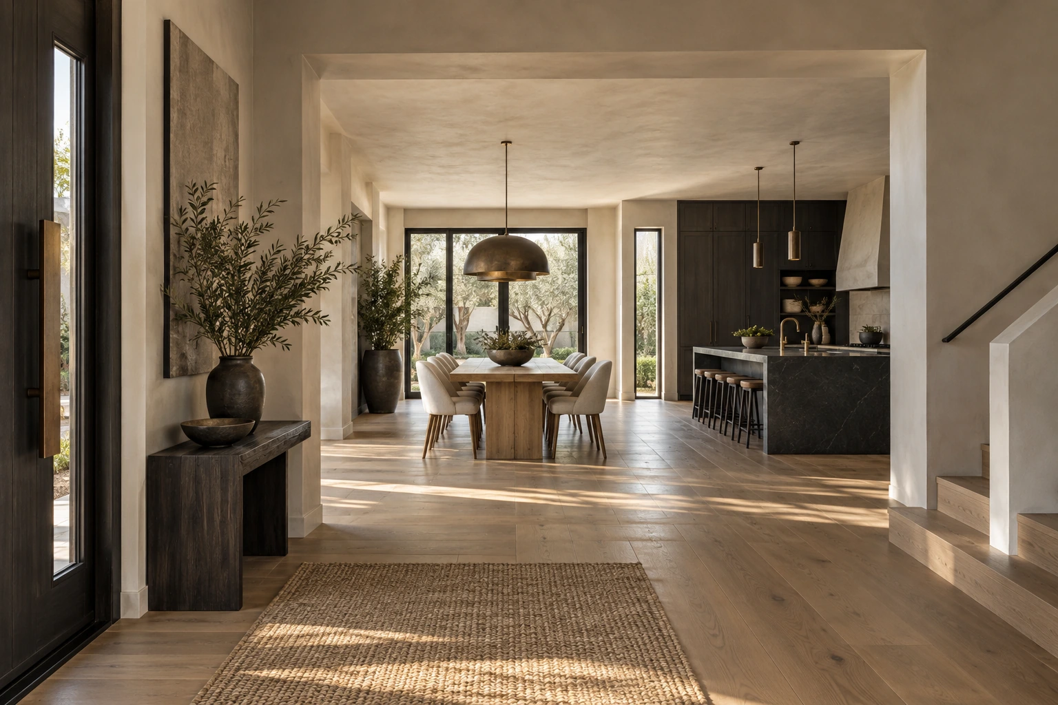 Original architectural concept of a connected entry, dining room and kitchen with continuous pale oak flooring and warm plaster walls