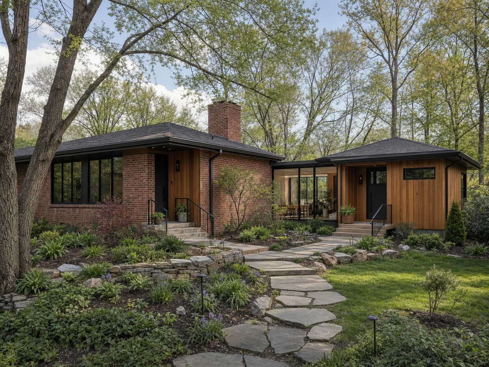 AI-generated architectural concept of a brick ranch joined by a glazed link to a cedar-clad side wing in a wooded garden.
