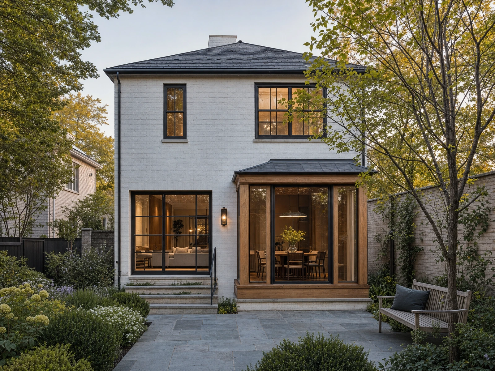 AI-generated architectural concept of a whitewashed-brick home with a timber-framed dining bay and a planted stone courtyard.